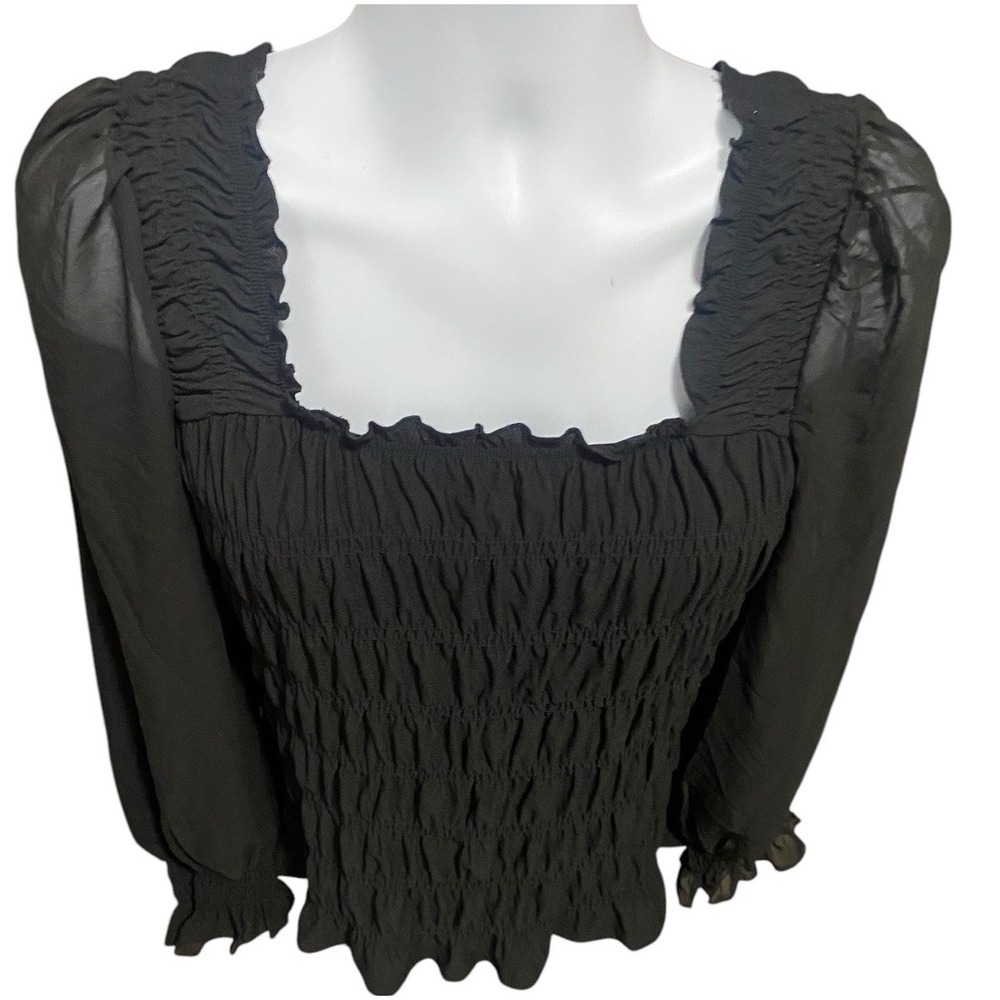 Womens Shirred Blouse Black Pullover Long Sleeve Peasant Top Sheer Long Sleeve